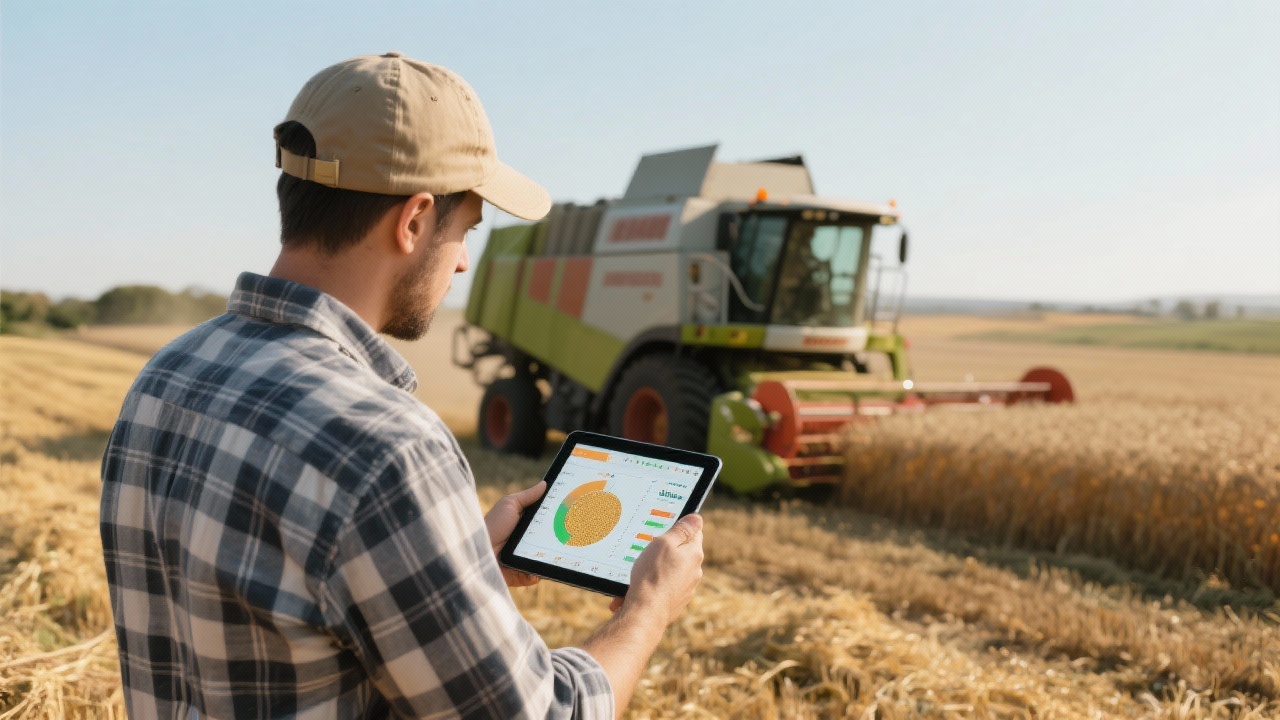 Agricultural technician supervising harvest operations with digital tablet displaying live yield monitoring data beside mechanized harvester in Portuguese fields.