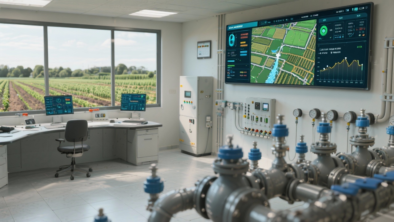 Smart irrigation control room with connected valves, flow meters and digital dashboard indicating water distribution schedules across agricultural blocks.
