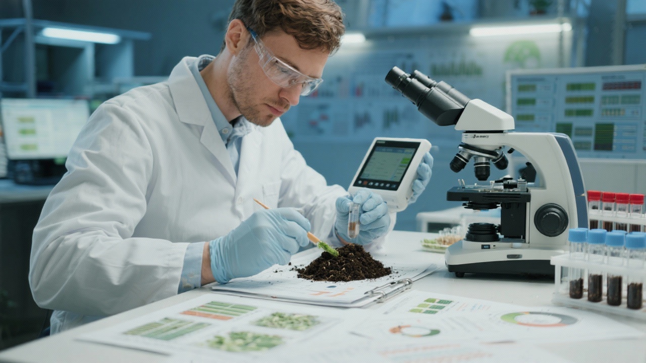 Laboratory specialist examining agricultural samples with digital instruments, nutrient analysis charts and soil test tubes prepared for agronomic consulting report.