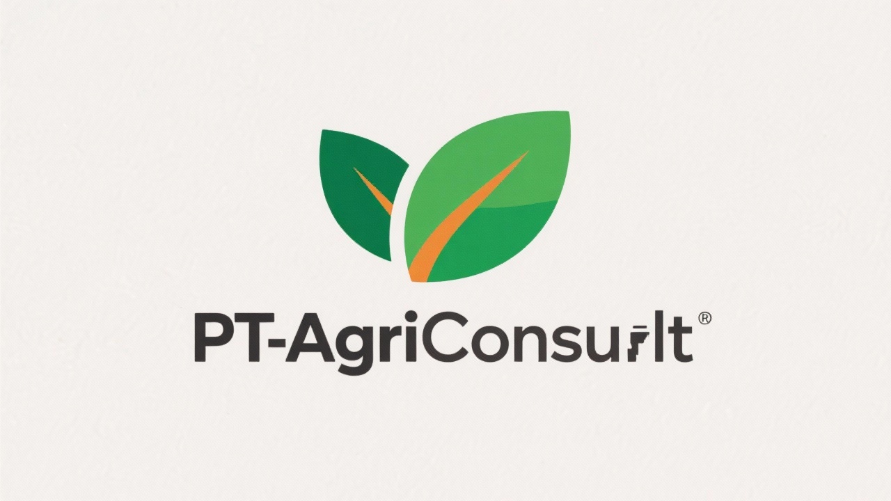 Minimal geometric PT AgriConsult logotype composed of stylized green leaf, amber contour line, clean typography and balanced agricultural emblem suitable for corporate consulting identity.