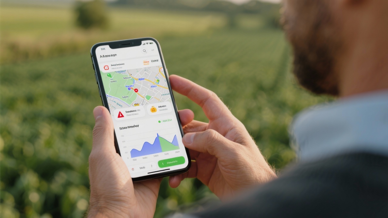 Close-up of agribusiness manager using mobile monitoring app with charts, alerts and geolocated field data displayed on smartphone screen.