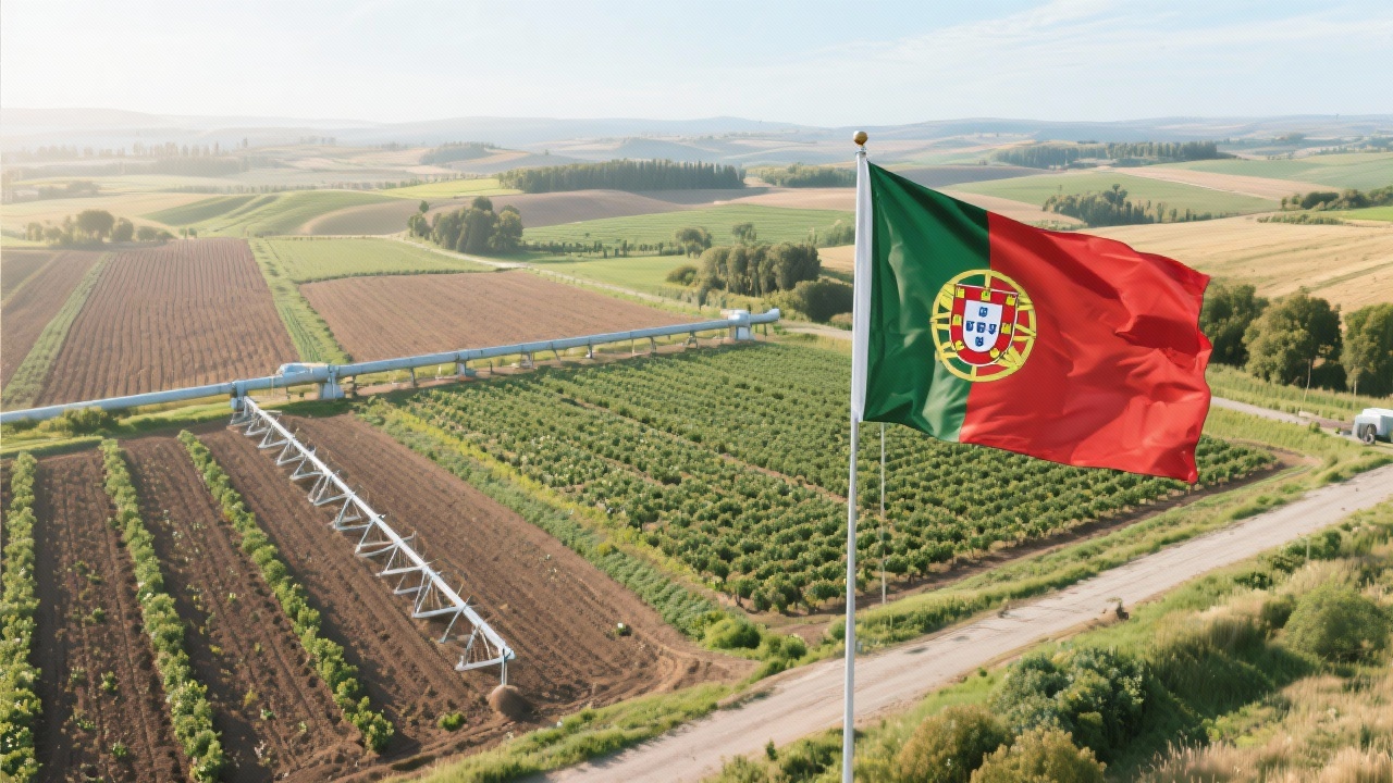 Portuguese agricultural landscape with national flag, modern irrigation infrastructure and cultivated fields representing local consulting presence.