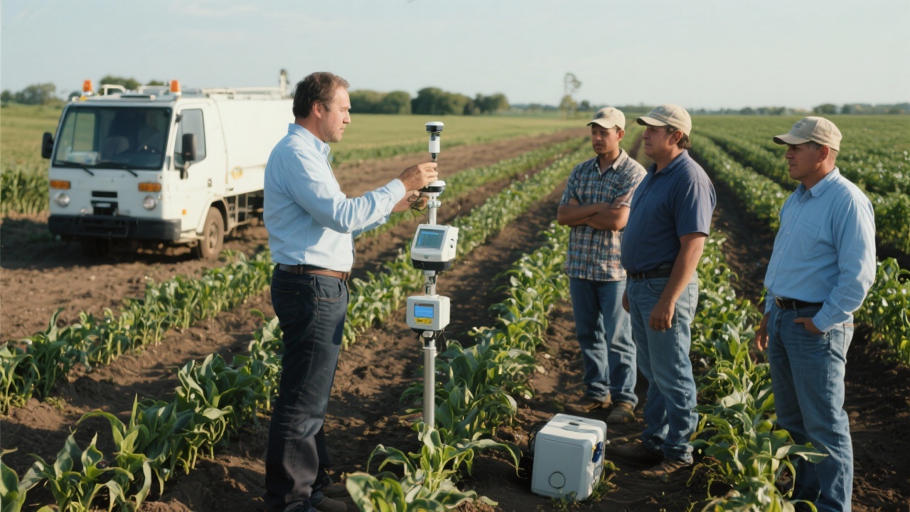 Field training session where agronomist demonstrates sensor calibration to farm workers standing beside healthy crop rows and mobile monitoring equipment.